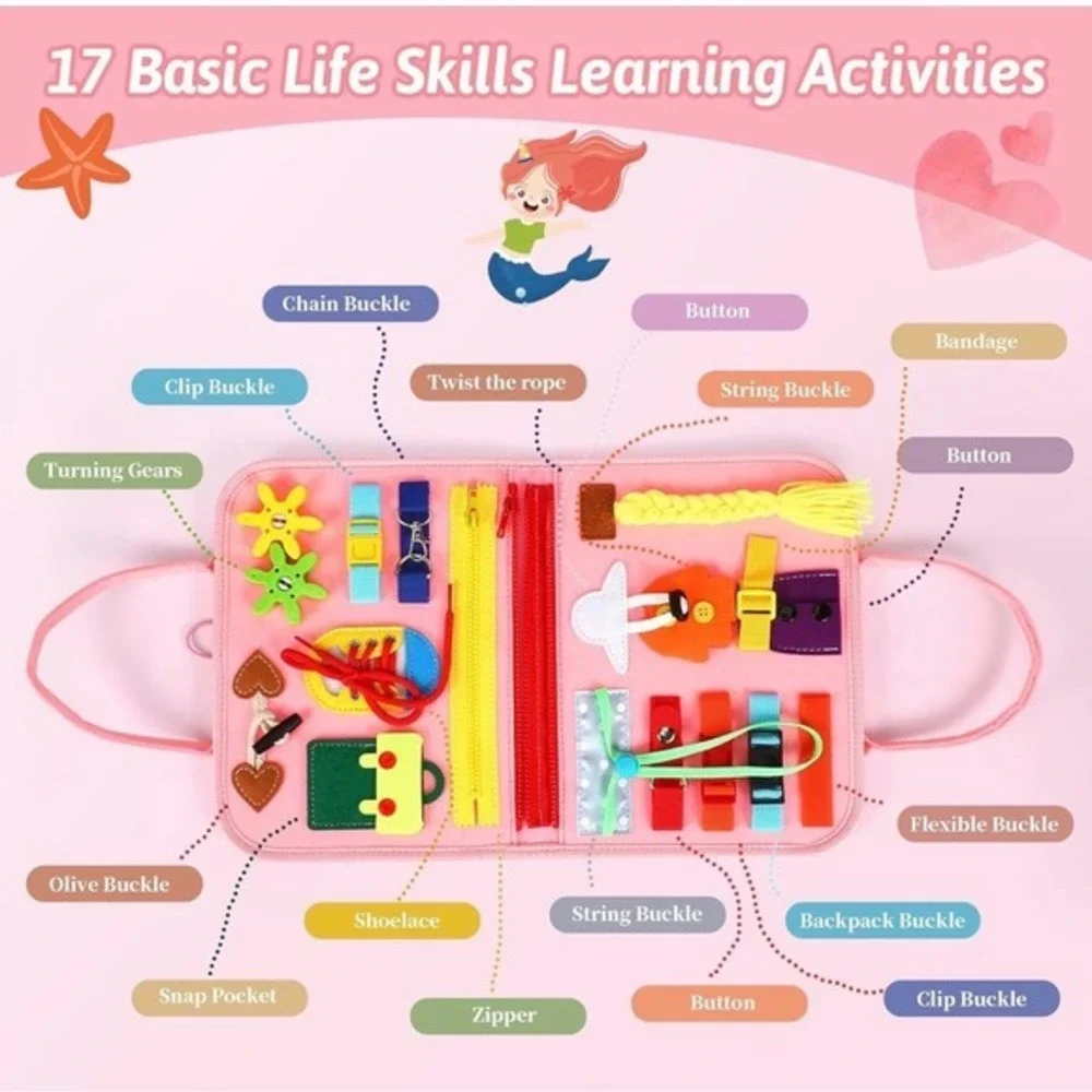 Quiet Flower Busy Board Toddler Sensory Toy Mermaid Pink 89PCS
